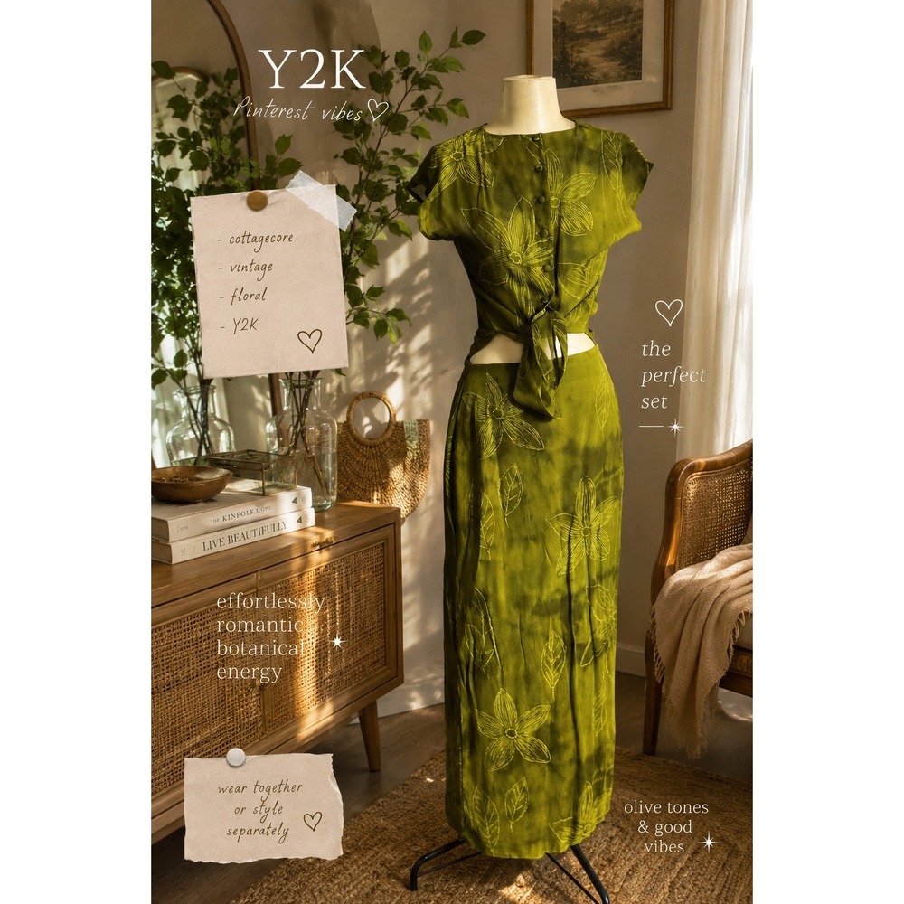 Vintage Olive Green Floral Two-Piece Skirt Set Cottagecore Y2K Botanical set S